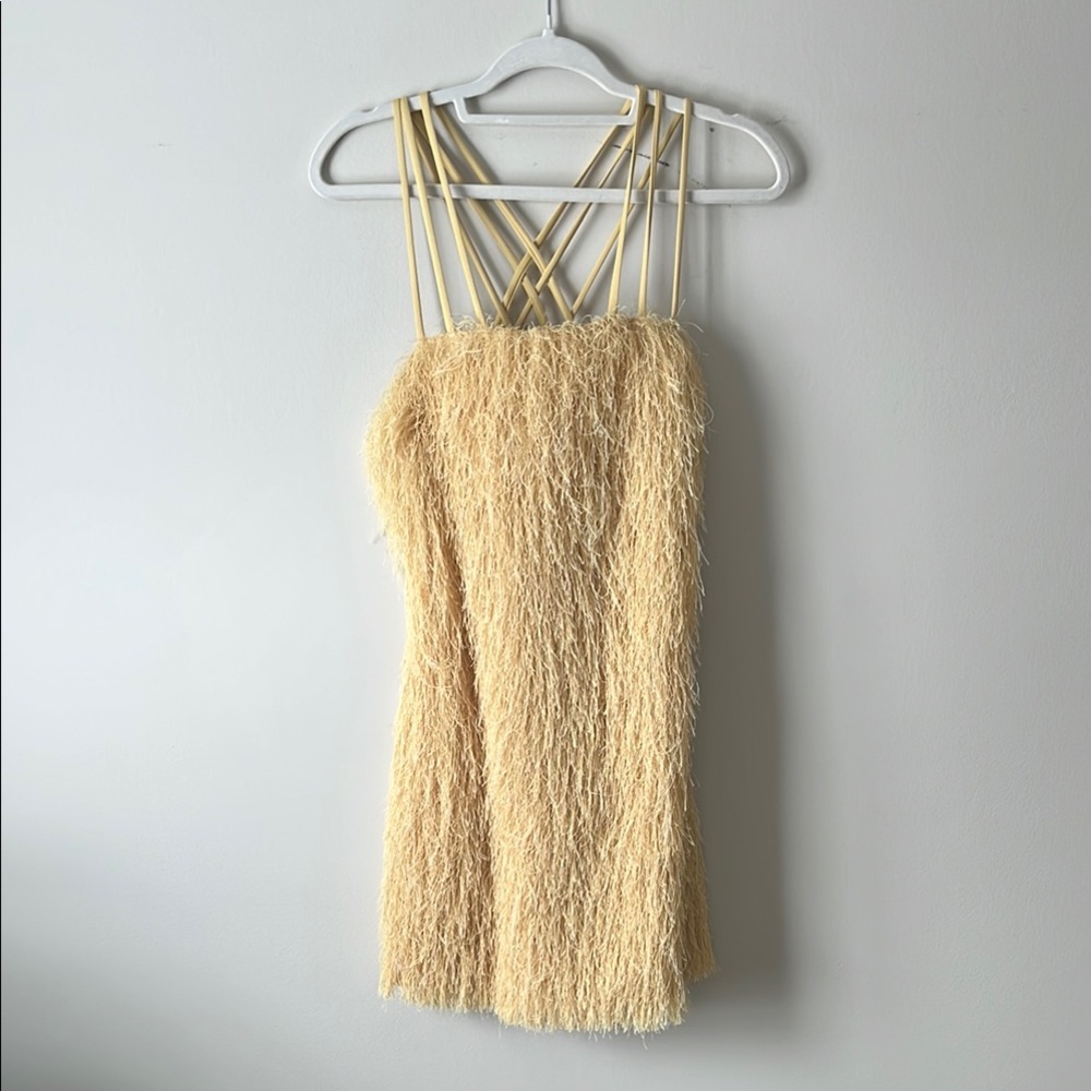 Bailey/44 butter yellow strappy feather Fringe Dress